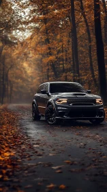 Black SUV parked on wet forest road in autumn light.