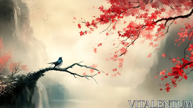 Solitary bird on branch contrasts crimson foliage and soft mist