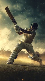 Cricketer&rsquo;s powerful shot glowing in golden evening light.