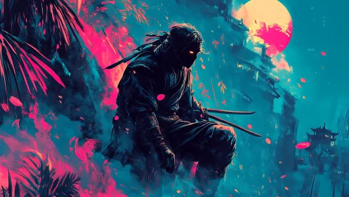 Neon moonlight surrounds a stealthy cyber ninja in motion