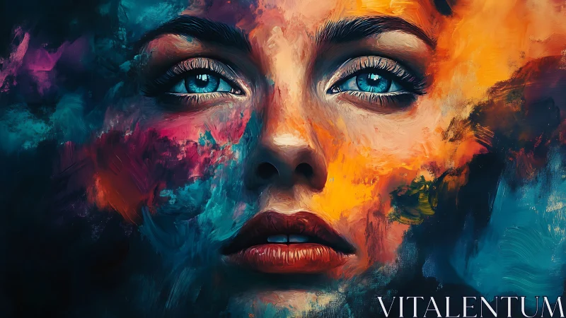 Luminous painted portrait bathed in bold swirling colors.