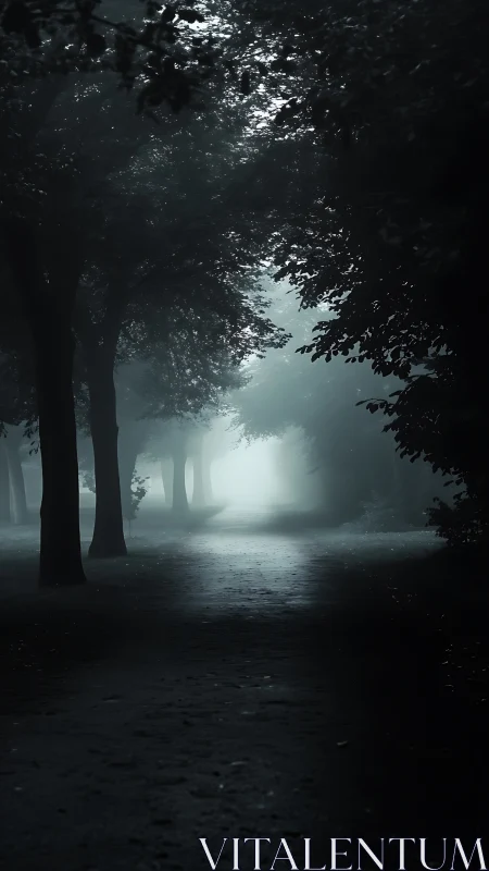 Foggy forest pathway with silhouetted trees at dawn.