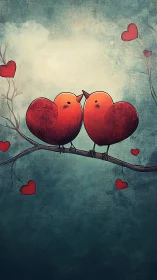 Two heart-shaped birds perched on branch with floating hearts