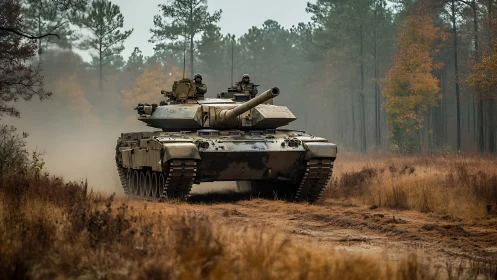 Steel behemoth prowls an autumn forest trail in drifting dust.