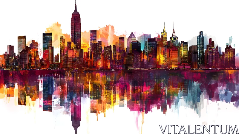 Watercolor skyline panorama with mirrored urban reflection.