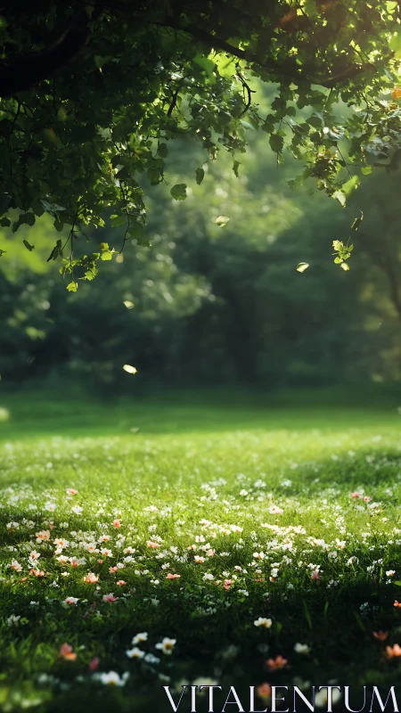 Sunlit garden clearing with wildflowers and tree canopy.