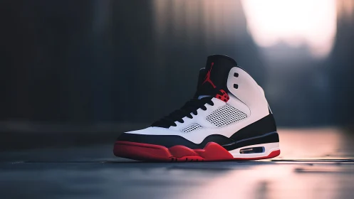 High-top sneaker stands on reflective surface in soft light