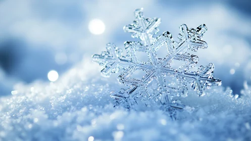 Macro snowflake crystal rests on glistening winter snow.