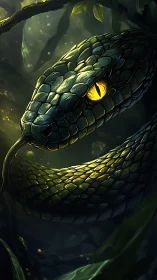 Emerald serpent coils in shadowed jungle light with lethal poise