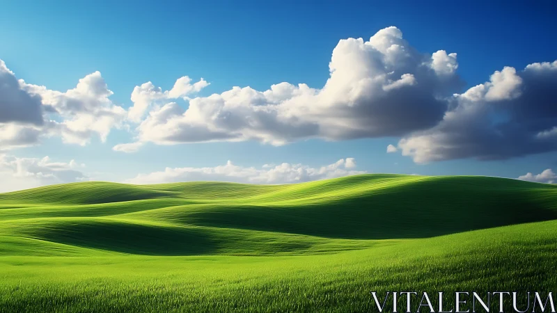 Sunlit green hills under scattered white cumulus clouds.