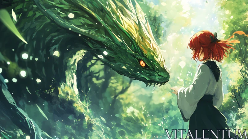 Human figure facing large green dragon in bright forest.