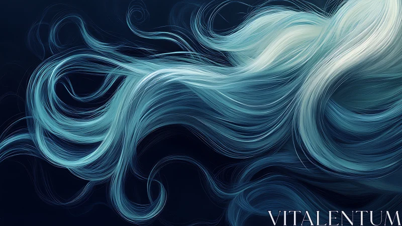 Abstract aqua light trails flowing across dark canvas.