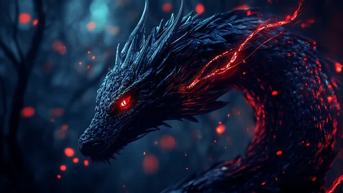 Cinematic 3D dragon profile with ember-lit scaled curvature.
