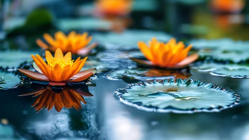 Orange Water Lilies Floating in Still Pond with Reflections
