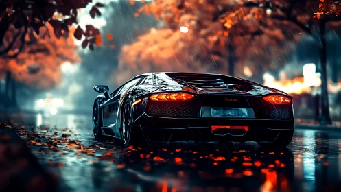 Midnight supercar glides through glowing autumn rain streets