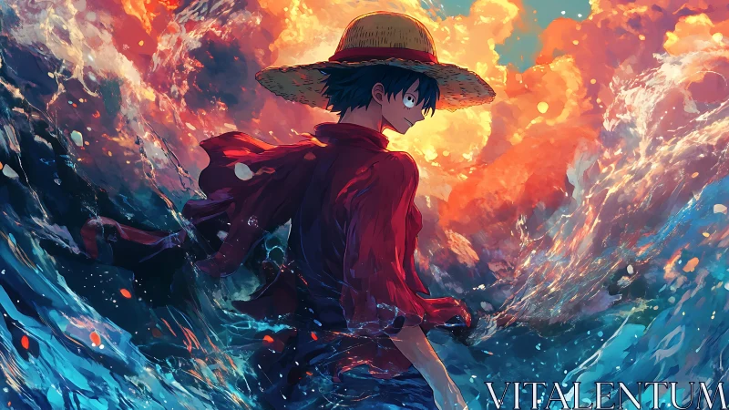 Straw-hatted figure stands amid stylized ocean and clouds