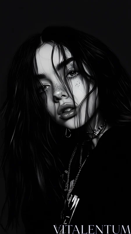 Monochrome portrait depicts young woman in high contrast lighting