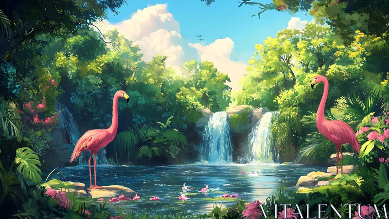 Tropical flamingos beside lush waterfall lagoon scene.