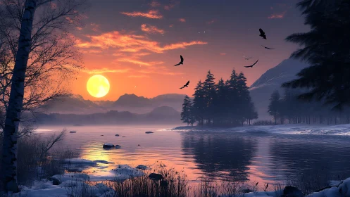 Moonlit winter lake where quiet pines cradle drifting crows.
