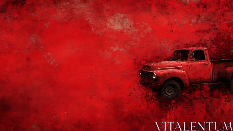 Weathered red pickup isolated in expansive grunge field.