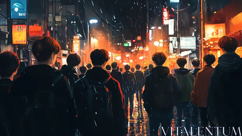 Neon rain corrals a crowd of doubles into glowing alleys