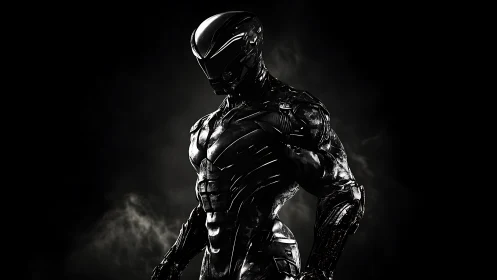High-contrast cybernetic exosuit with reflective black armor surfaces