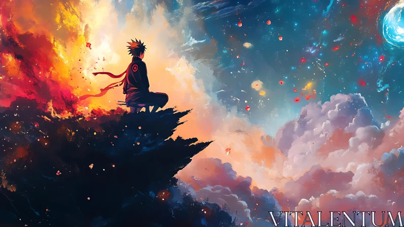 Solitary anime silhouette surveys nebula sky from jagged cliff