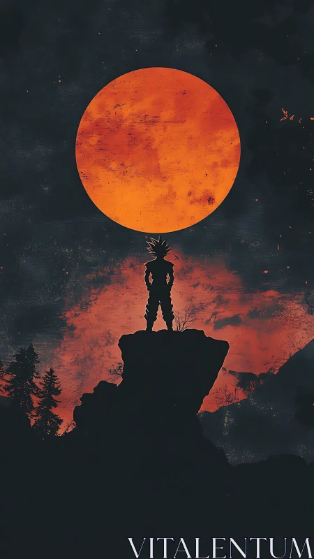 Silhouetted warrior on cliff before vast red moon.