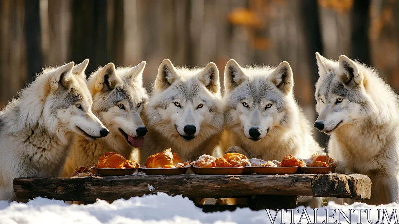 Cozy wolf pack sharing a snowy forest feast together.