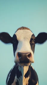 Curious cow gazes calmly into a clear blue country sky