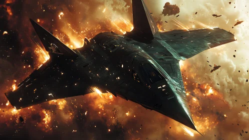 Stealth starfighter cuts through blazing interstellar battlefield.