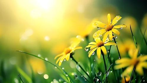 Photorealistic macro of dewy yellow wildflowers at sunrise.