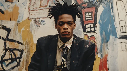 Young man in painted suit poses before expressive urban mural.