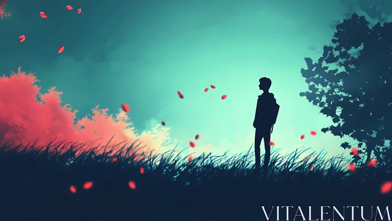 Digital painting silhouette in neon dusk meadowscape composition.