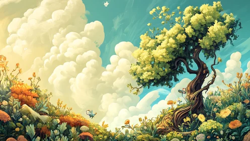 Whimsical hillside tree under towering summer clouds.