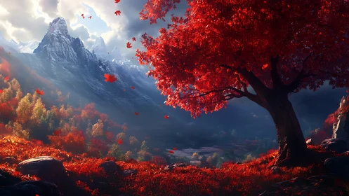 Scarlet maple crowns sunlit valley beneath icy peaks.