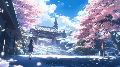 Girl walking to snowy temple under pink cherry blossoms.