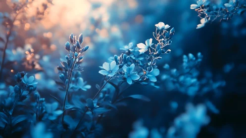 Blue Floral Bokeh. Soft Flowers Glowing in Twilight.