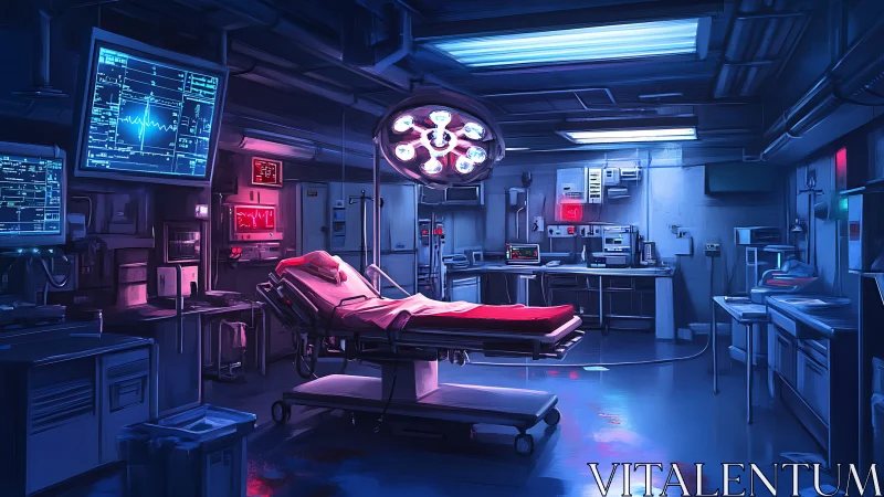 Futuristic surgical theater with neon clinical lighting.