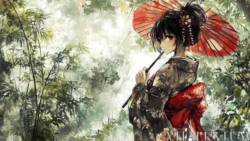 Anime geisha in patterned kimono with red parasol in dense bamboo grove