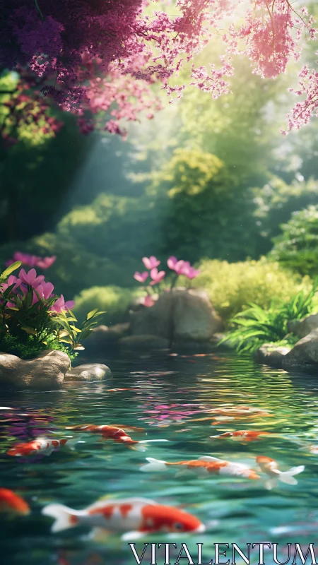 Sunlit koi pond beneath blooming pink canopy in spring garden