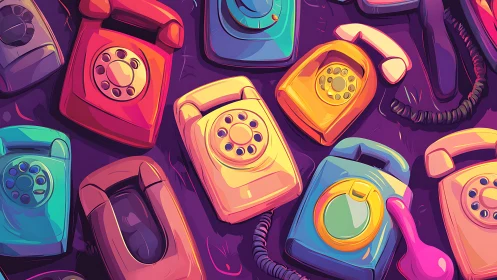Colorful retro telephones sharing a playful, nostalgic mood.