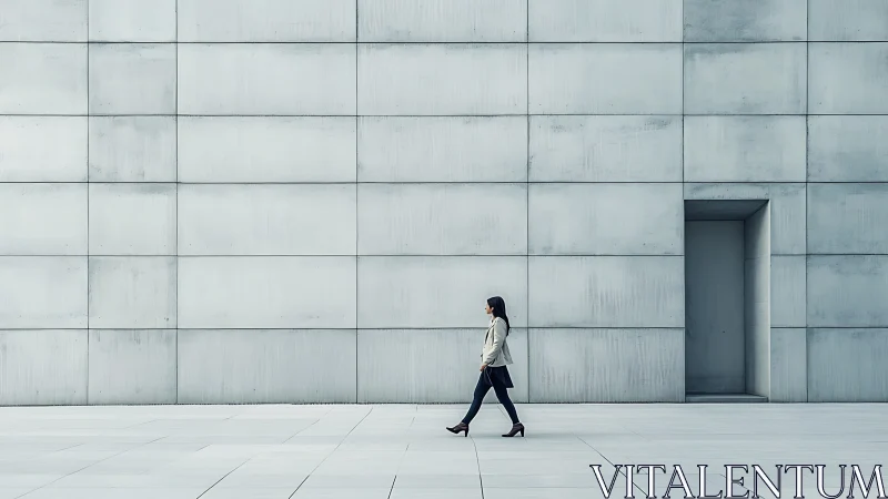Solitary professional strides past stark concrete wall.