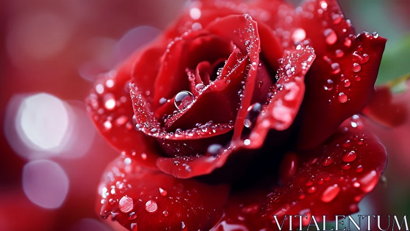 Red Rose with Dewdrops and Bokeh Background.