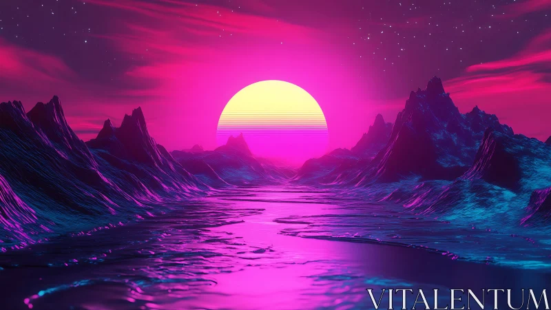 Neon-lit synthetic seascape with stylized digital sunset.
