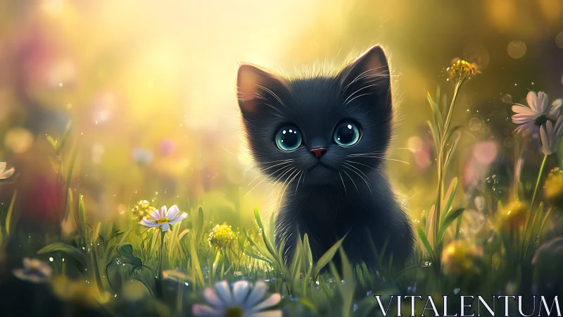 Black Kitten with Blue Eyes in Wildflower Field.