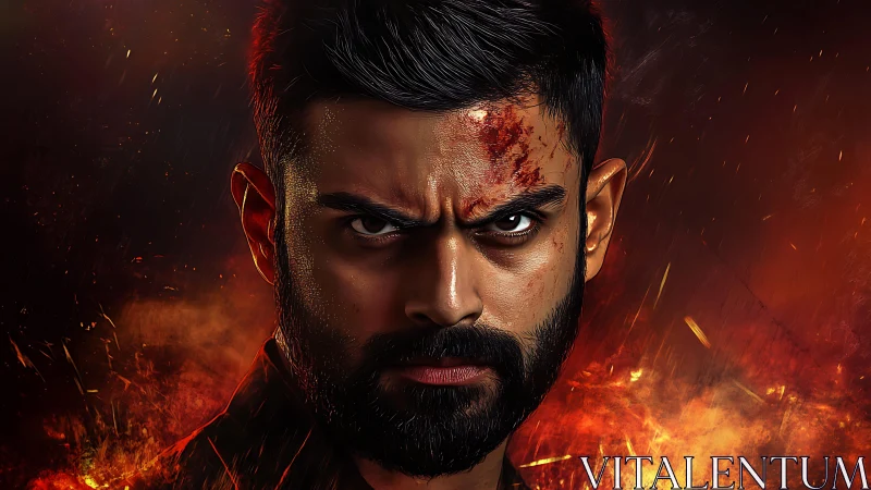 Intense bearded man stares forward amid digital flames