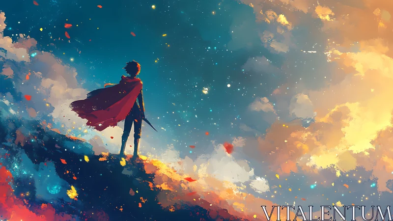 Cloaked figure surveys nebular sky under high contrast lighting