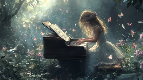Young girl plays enchanted piano amid glowing forest light.