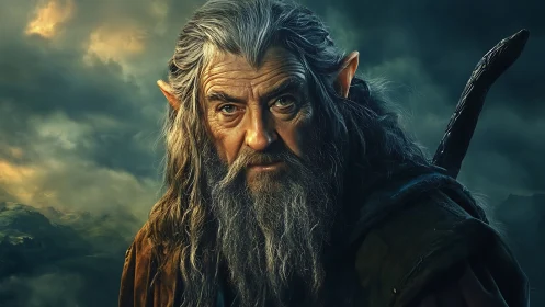 Aged elven wizard under moody sky rendered in high detail